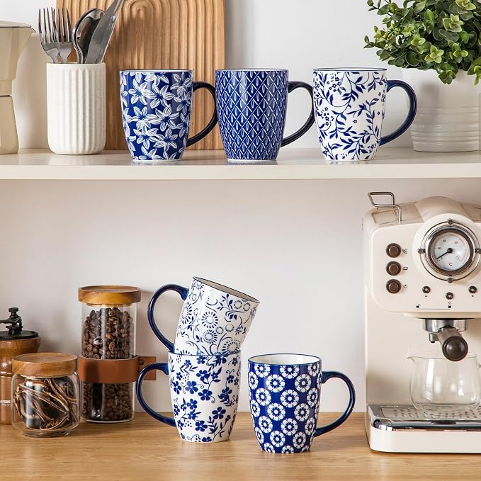 vancasso SELENE Large Coffee Mugs Set of 6, 16 Oz Porcelain Coffee Cups with Handle, Ceramic Tea Cup for Cappuccino, Latte, Tea, Cocoa, Dishwasher & Microwave Safe Gift Sets, Vintage Blue