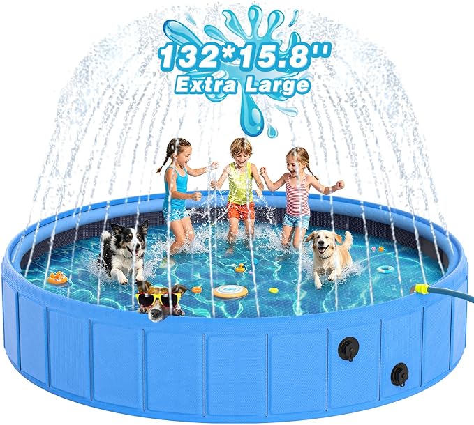 EPN Large Foldable Dog Pool – 0.55MM PVC 2-in-1 Portable Bathtub & Sprinkler for Dogs, Cats, Kids – Heavy Duty, Non-Slip, Summer Water Toy (132 in)
