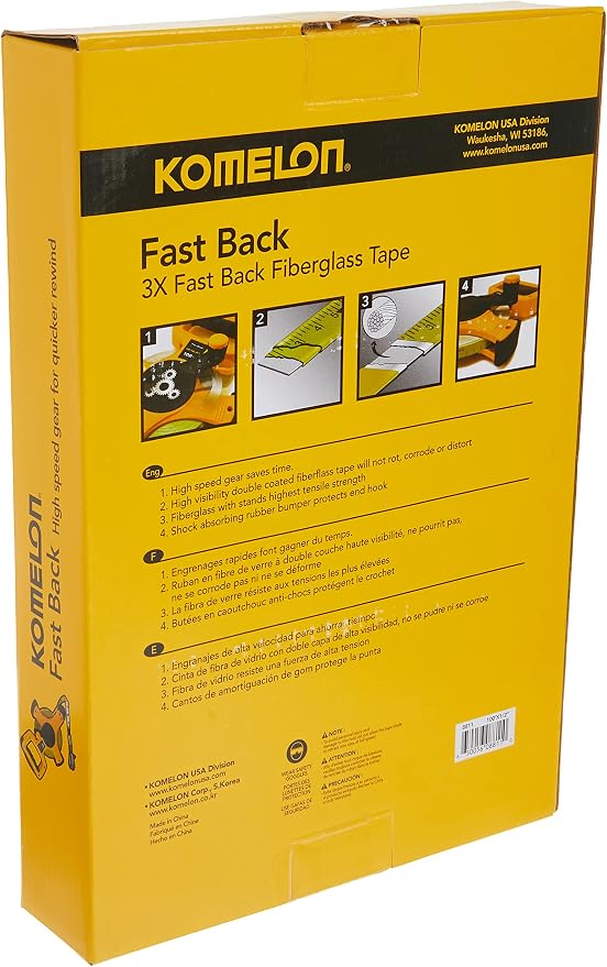 Komelon 8811 Fast Back Open Reel Long Tape Measure with Double Nylon Coated Fiberglass Blade 100-Feet by 1/2-Inch, Yellow,White