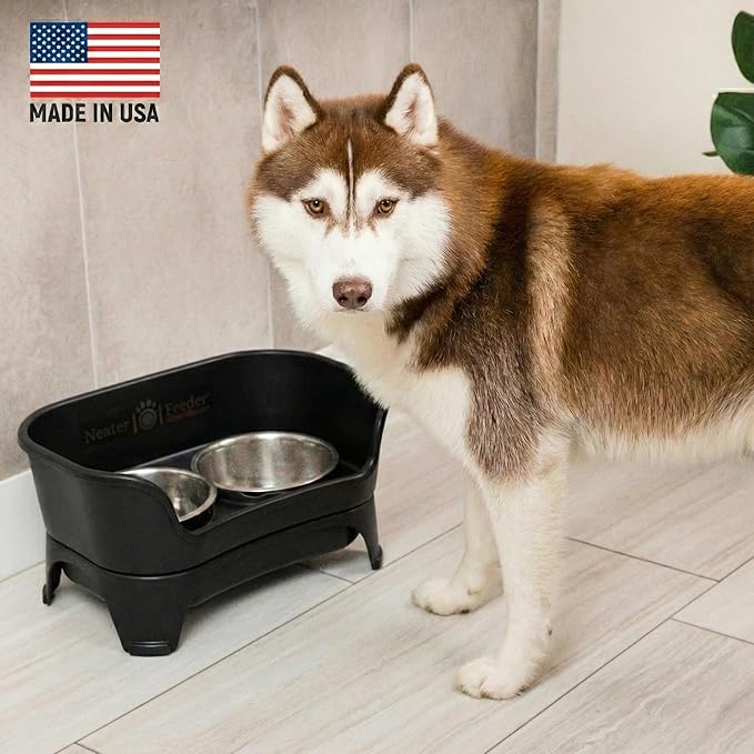 Neater Feeder Express Mess Proof Dog Bowls Elevated for Medium to Large Sized Breed, No Spill Raised Dog Food Bowl Stand, Stainless Steel Food and Water Bowl Set, Pet Dish Feeding Station, Black