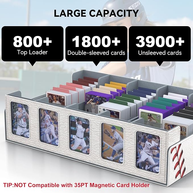 Kabinka Baseball Card Storage Box with Window Display, 5-Row Sport Card Storage Box, 3900+ Card Deck Box for Baseball Sports Card TCG, 5 Top Loaders, 5 Stoppers, 48 Dividers, 1 Dice Tray(Baseball 1)