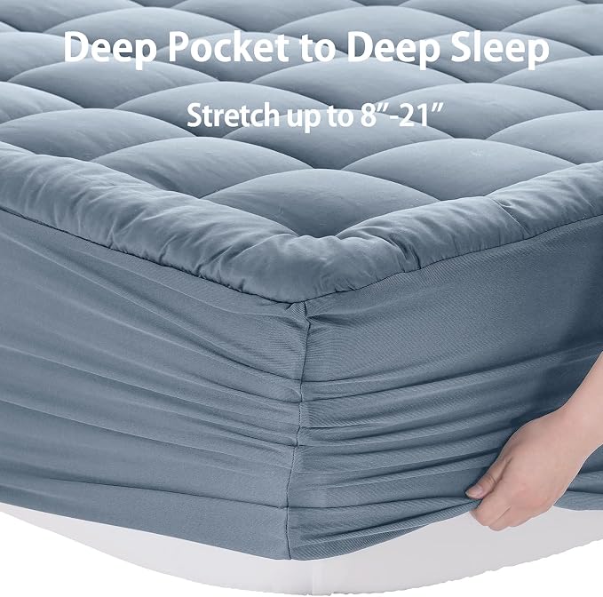 EASELAND Queen Size Mattress Pad Pillow Top Mattress Topper Cotton Top | 8-21" Deep Pocket Cooling Mattress Cover/Protector 60x80 Inches Dusty Blue, Boxing Quilted & Machine Washable
