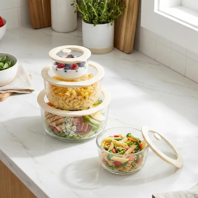 Glass Food Container Set with Glass Lid, 4 Pack, Meal Prep Containers with Silicone Framed Airtight Lid, Leakproof, 100% Plastic Free,