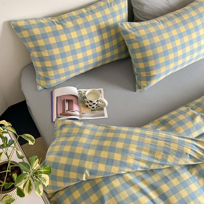 mixinni Yellow Blue Green Checkered Duvet Cover Set - Full Size, 3-Piece 100% Cotton Bedding Set, Soft & Breathable Geometric Plaid Comforter Cover with Zipper for All Seasons