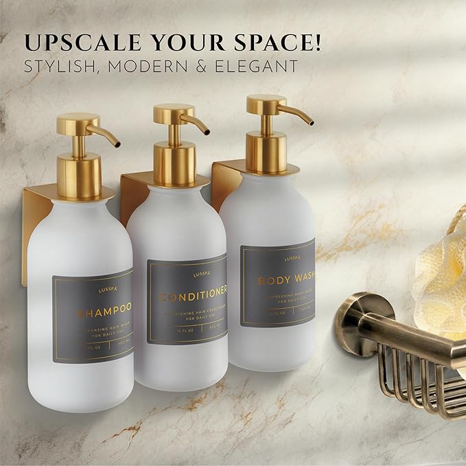 Shower Shampoo Dispenser Wall Mounted – 3 Refillable 16.9 oz White Bottles with Stainless Steel Pumps & No-Drill Adhesive Holders – Soap Dispenser Set for Bathroom (3 X White/Gold)