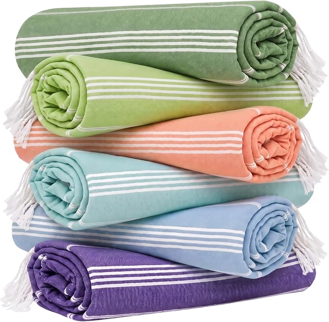 HAVLULAND Turkish Beach Towel Set of 6 Oversized 72x40 100% Turkish Cotton | Soft Hammam Peshtemal, Sand Free, Quick-Dry, Absorbent Bath Towel | Lightweight & Compact for Travel, Pool, Gym, Spa - Summer