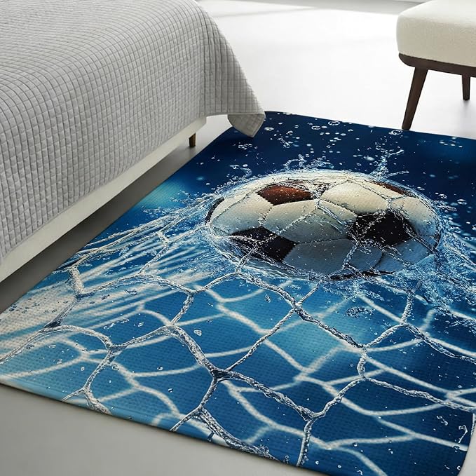 Soccer Ball Washable Area Rugs for Living Room Bedroom, Large Non Slip Indoor Floor Carpet Absorbent Low Pile Wet Net Power Shot Blue Football Door Mat Rugs for Bathroom Entryway 63"x78.7"