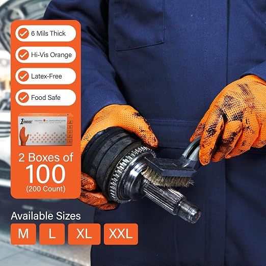 1st Choice Orange 6 mil Nitrile Disposable Gloves Diamond Grip XL 200 | Bulk Purchasing Options, Medium Duty Gloves for Mechanics, Business, and Household Tasks, Food Safe and Chemical Resistant