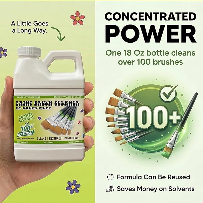 Green Piece® Paint Brush Cleaner & Restorer – 100% Natural, Non-Toxic Formula – Made in USA – Cleans Wet or Dry Paint – Safe for Hands – Works on Acrylic, Latex, Oil & Shellac – 18 Oz