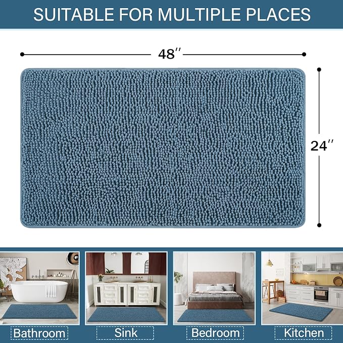 LOCHAS Luxury Bathroom Rug Shaggy Bath Mat 24 x 48 Inch, Denim Blue | Washable Non Slip Bath Rugs for Bathroom Shower, Soft Plush Chenille Absorbent Carpets