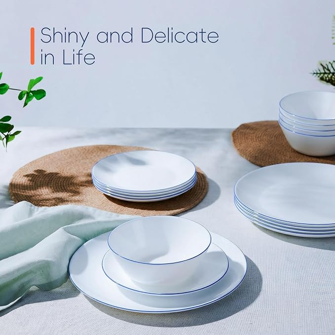 Dinnerware Sets for 4, 12 Piece Navy Blue Rim Opal Glass Set | Plates and bowls with dishwasher and microwave safe design, chip and scratch resistant dishware for stylish dining