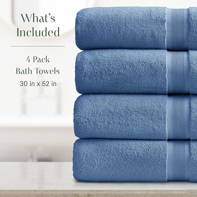 Springtree Home Luxury Bamboo Rayon Plush Bath Towel Set | 4-Pack | Blue | 35% Bamboo Rayon - 65% Zero Twist Cotton | Absorbent Quick-Dry Towels for Bathroom | Ultra Soft | OEKO-TEX Standard 100