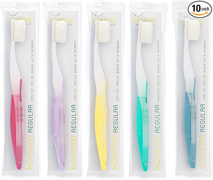 NIMBUS Extra Soft Toothbrushes (Regular Head) Periodontist Design Tapered Bristles for Sensitive Teeth and Receding Gums, Individually Wrapped Plaque Remover Travel Toothbrush (10 Pack, Colors Vary)