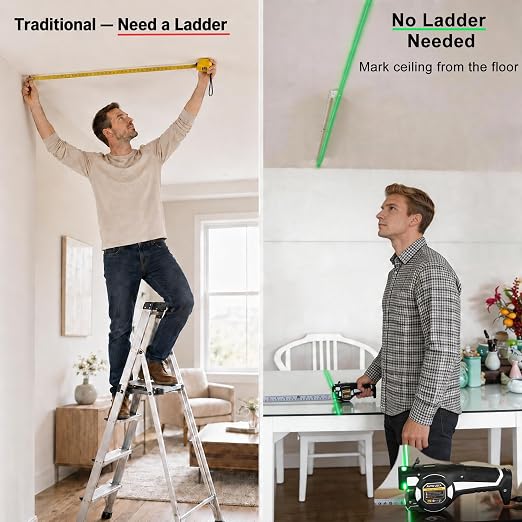 Laser Tape Measure with Upward Green Laser Line, Measure Ceiling Points Without a Ladder, Side Laser Lines for Picture Hanging, Auto-Lock Retractable 16ft/5m Metric + Imperial,Battery Not Included