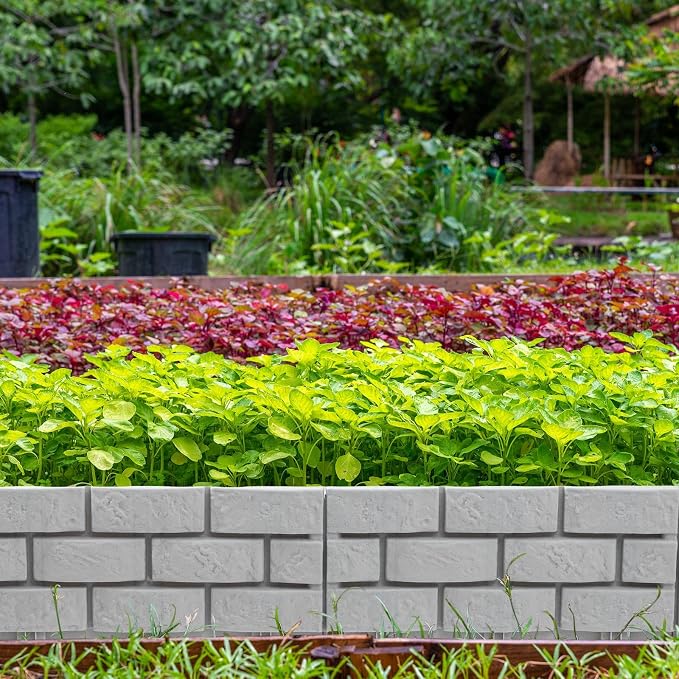 12 Pcs Imitation Stone Garden Fence, Faux Stone Retaining Wall Look Garden Bricks Border with Ground Stakes, 17.3 x 12.6 in Gray Plastic Edging Blocks for Flower Beds, Lawn, Mulch (Gray)