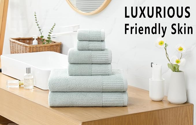 YTYC 27.5x55 Bath Towels Set,100% Cotton,650GSM,Green,6-Pieces | Ultra Soft,Highly Absorbent, 2 Bathroom Towels,2 Hand Towels, 2 Washcloths, Towels for Bathroom, Gym, Spa,Pool