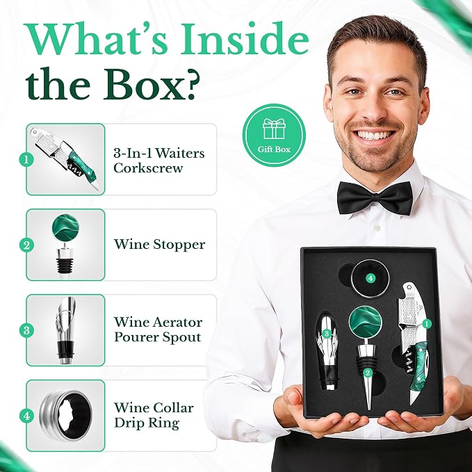 Wine Bottle Opener Set - Professional Waiters Corkscrew Wine Opener, Wine Aerator Pourer Spout, Wine Bottle Stopper, Wine Collar Drip Ring. 4-Piece Wine Accessories Gift Set