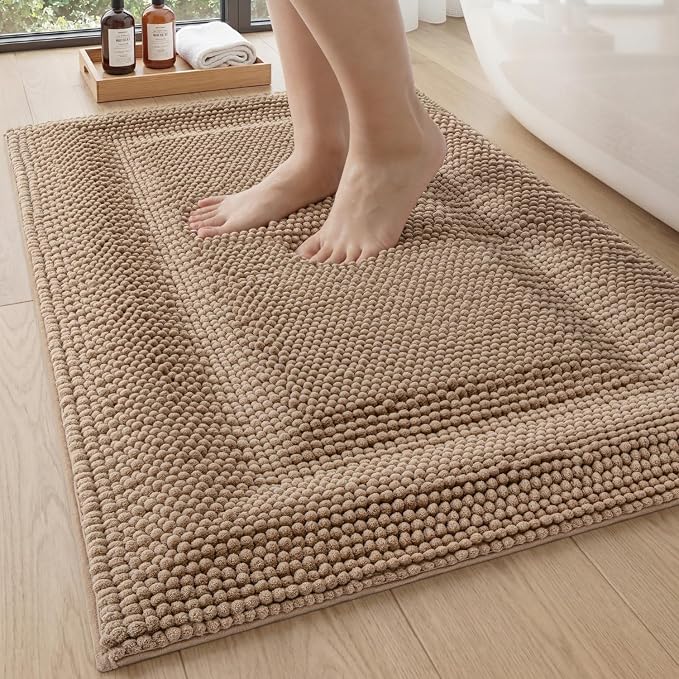 DEXI Bath Mats for Bathroom 32x20, Non Slip Washable Bathroom Rug, Thick Soft Chenille Absorbent Bathmat for Shower Floor, Fluffy Shaggy Carpet for Tub, Dark Beige