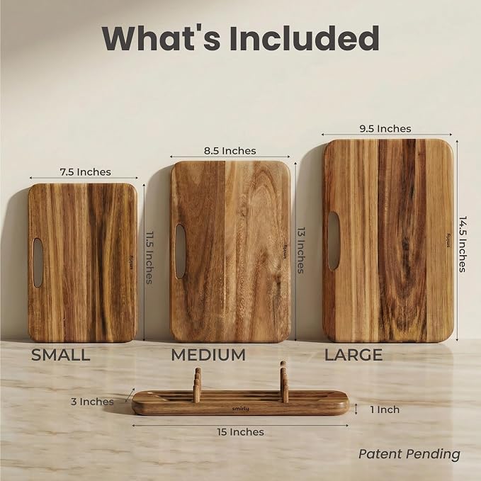 SMIRLY Cutting Boards for Kitchen - 3 Piece Acacia Cutting Board with Stand | Double-Sided Wood Cutting Board, Wooden Cutting Boards Non Toxic for Meat Vegetable Fruit, Food-Grade