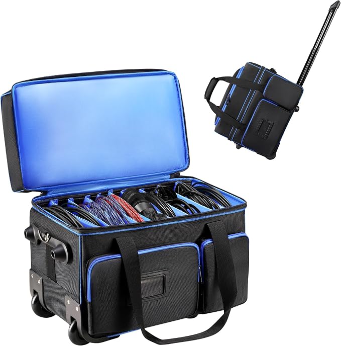 DJ Cable Organizer Bag with Wheels,Soft Gig Bag for DJ Equipment with 9 Detachable Dividers, Medium Padded Soft Storage Case with Multiple Pockets for Microphone, Cord, Headset & Music Accessories