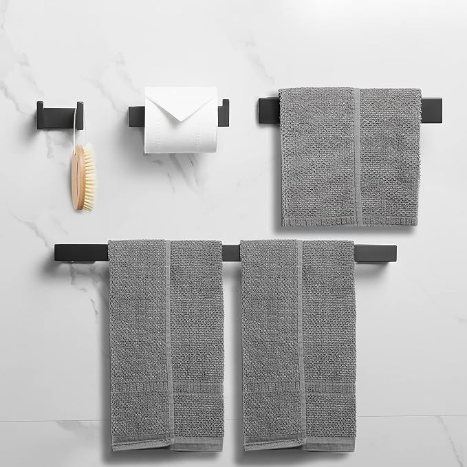 Fapully 4-Piece Bathroom Hardware Accessory Set with 24" Towel Bar Towel Ring Paper Holder Robe Hook Matte Black