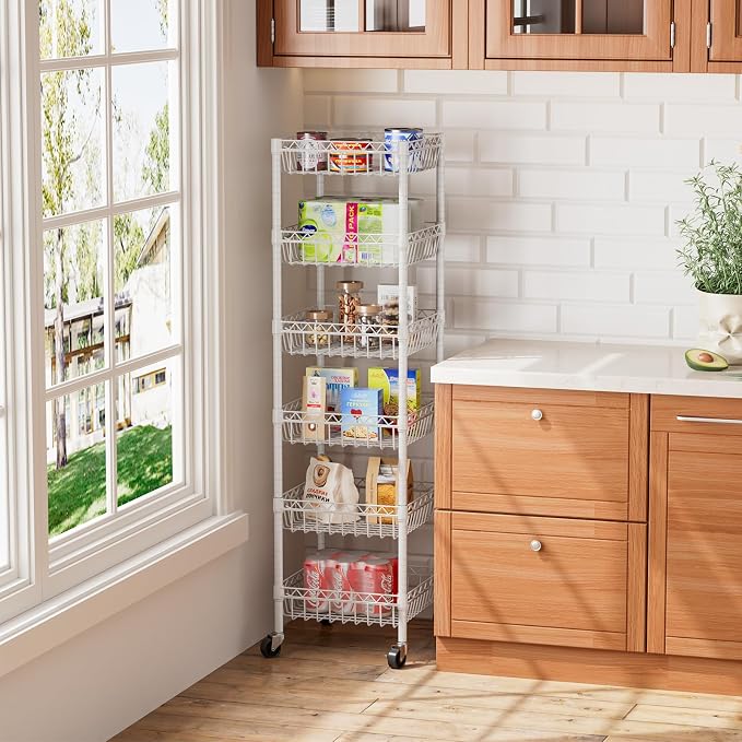 Golpart 6 Shelves Storage Shelf Wire Closet Bathroom Organizers Metal Pantry Kitchen Garage Shelving Unit Laundry Room Organization Home Rack Net Basket White with Wheels 14" Dx14 Wx64.8 H