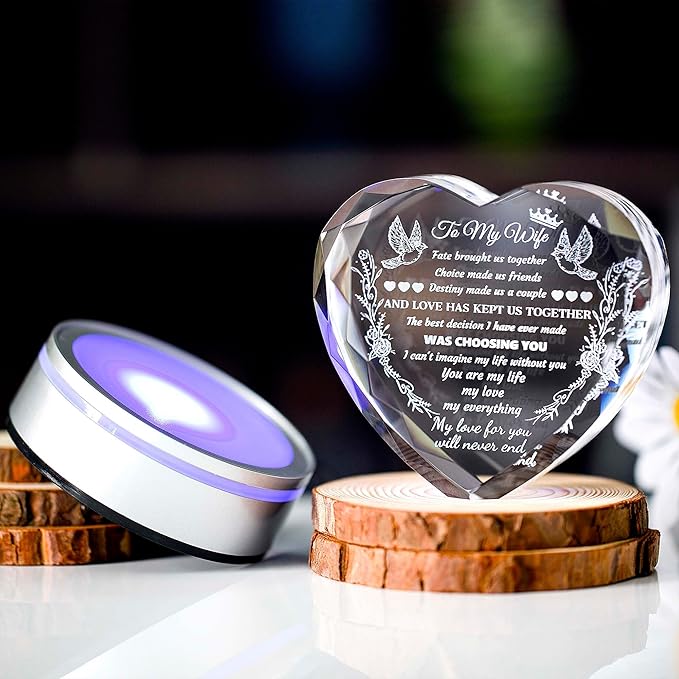 Gifts for Wife Crystal with Colorful LED Base, Anniversary Birthday Gifts for Women, I Love You Gifts for Her Wife Birthday Gift Ideas, Crystal Keepsakes Romantic Gifts for Valentine's Day