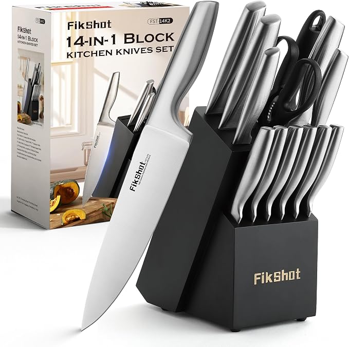 FIKSHOT Kitchen Knife Set, German Stainless Steel kitchen knives | 14-Piece Includes Knife Block Set & Sharpener, High Carbon, Rust-Resistant, Ergonomic Handle for Cooking, Grilling & Gifting
