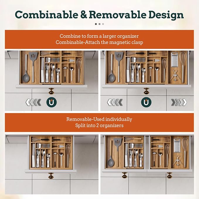 Silverware Organizer Large, Magnetic Connected Expandable 13 Slots Silverware Drawer Organizer From 21 to 37.4 Inches, Adjustable Flatware and Cutlery Holder, Bamboo Utensil Tray for Kitchen Acacia