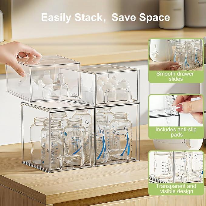 Baby Bottle Storage Organizer: Clear Stackable Storage Drawers, Acrylic Bottles Station Organizer Container for Countertop, Vanity, Bathroom, Cabinet Organization - 4 Pack