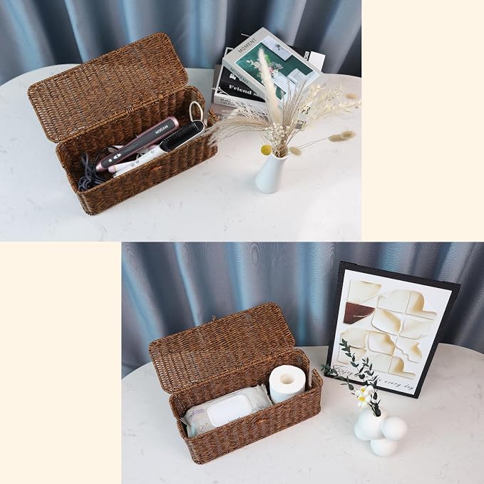 BROWNLILY Rattan Wire Storage Box, Handmade Cord Organizer for Desk Cord Hider Outlet Covers for Power Strip TV PC Router Charger Under Desk Cable Management Box