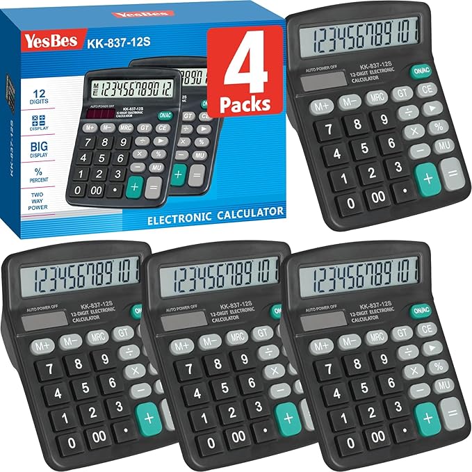 4 Pack Calculator Bulk, 12 Digits Calculators Desktop with Large LCD Display and Sensitive Butto, Solar and Battery Dual Power, Desk Calculator