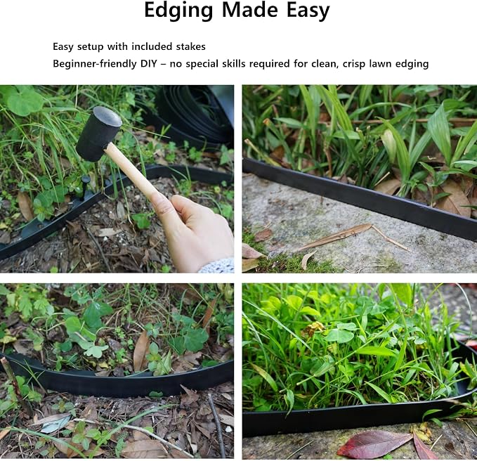 Anleolife 20FT NO-DIG Garden Landscape Edging with 24 Spikes, 2IN Black | 2-inch tall flexible lawn edging, easy install—stake into soil. UV-stabilized HDPE. Neat borders for paths & walkways