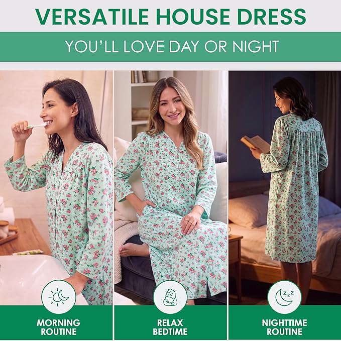 Casual Nights Women's Floral Snap Front Flannel Duster Long Sleeve Lounger Dress
