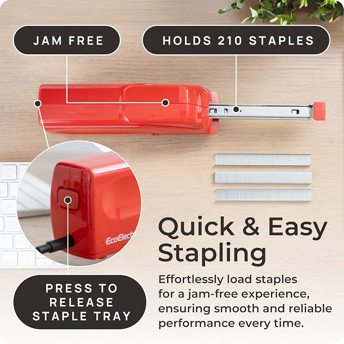 EcoElectronix Portable Automatic Electric Stapler Pro - 30 Sheet Capacity, Quiet Operation, Jam-Free and Easy Reload - AC Adapter/Battery Powered (Red)