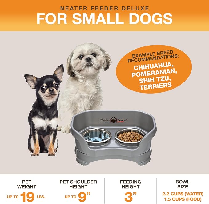 Neater Pet Brands Neater Feeder Deluxe Mess Proof Dog Bowls Elevated for Small Dogs Under 19 lbs, Made in USA, No Spill Raised Dog Food Bowl Stand Feeding Station, Food and Water Bowl Set, Gunmetal