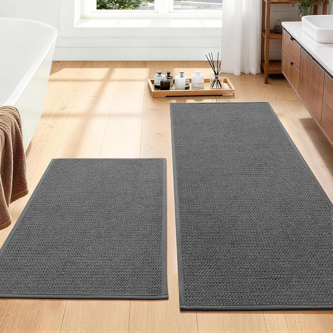 YIHOUSE Dark Gray Bathroom Rugs Sets 2 Piece, Quick Dry Thin Bath Mat, Non Slip Absorbent Machine Washable, Bath Runner Rug for Bathtub Sink Home Decor (17"x24" + 17"x47")
