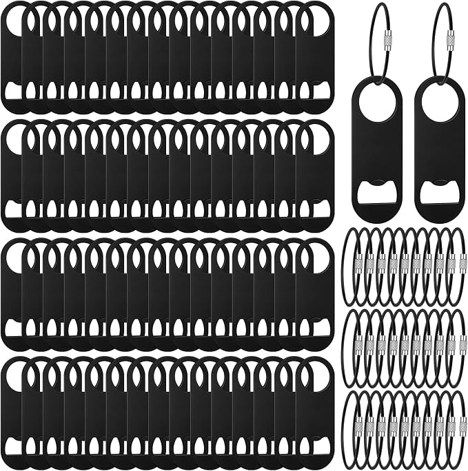 60 Pieces Stainless Steel Flat Bottle Opener Keychain Bulk 3.5 x 1.3 Inches Beer Bottle Opener Flat Cap with Keyring for Men Women Bartender Kitchen Bar Restaurant, Black