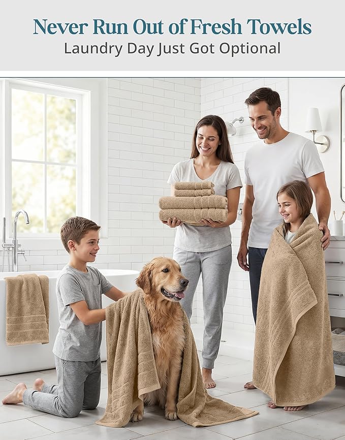 Casa Platino Large Bath Towel Set Absorbent Quick Dry 100% Cotton - Beige | Cotton Bath Towels - Fade-Resistant Color, Classic Terry Weave, Densely Woven, Coordinated Colors, Dobby Border Accent