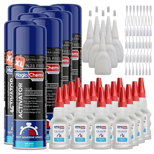 Magic Chems CA Glue with Activator (16 x 3.5 oz + 8 x 16.9 fl oz), Cyanoacrylate Glue and Activator, Super Glue with Activator, CAGlue and Accelerator, Medium (8 Pack)