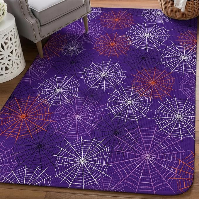 Purple Halloween Washable Area Rugs for Living Room Bedroom, Large Non Slip Indoor Floor Carpet Absorbent Low Pile Red Black White Net Halloween Door Mat Rugs for Bathroom Entryway 63"x90.6"