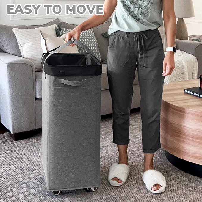 CHICVITA 100L Laundry Basket with Wheels, Slim Laundry Hamper with Removable Wash Bag for Bedroom, Clothes Hampers for College Dorm, Light Grey