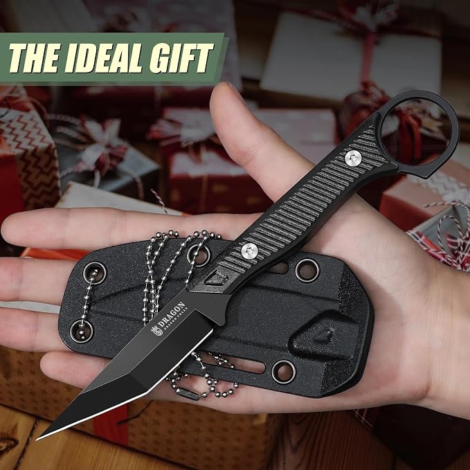 Dragon Creek Outdoor Neck Knife - Black Small Full Tang Fixed Blade | Knife with Sheath and Chain Black Thanksgiving Gift Men