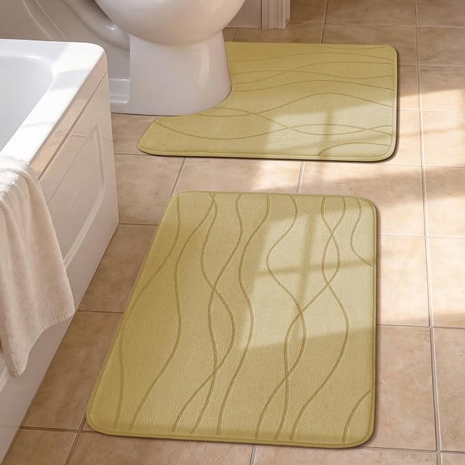 YIHOUSE Bathroom Rugs Set 2 Piece, Memory Foam Bath Mat Beige | U Shaped+Small Mat, Ultra Soft, Absorbent, Non-Slip, Machine Washable, for Bathroom, Sink and Toilet