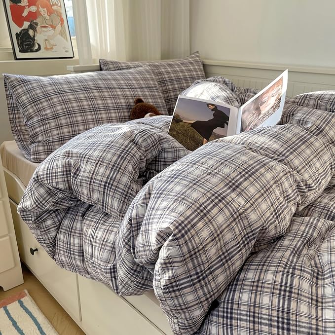 mixinni Twin XL Duvet Cover Set - 3 Piece Vintage Buffalo Plaid Bedding, 100% Washed Cotton Duvet Cover with 2 Pillowcases, Soft & Breathable Navy Beige White Geometric Grid Pattern for All Seasons