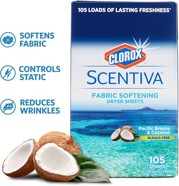 Clorox Scentiva Fabric Softening Dryer Sheets, 105 Sheets per Pack, Pacific Breeze & Coconut Scent | Bleach-Free Fabric Softener Sheets for Static Control and Reduce Wrinkles (6 Pack)