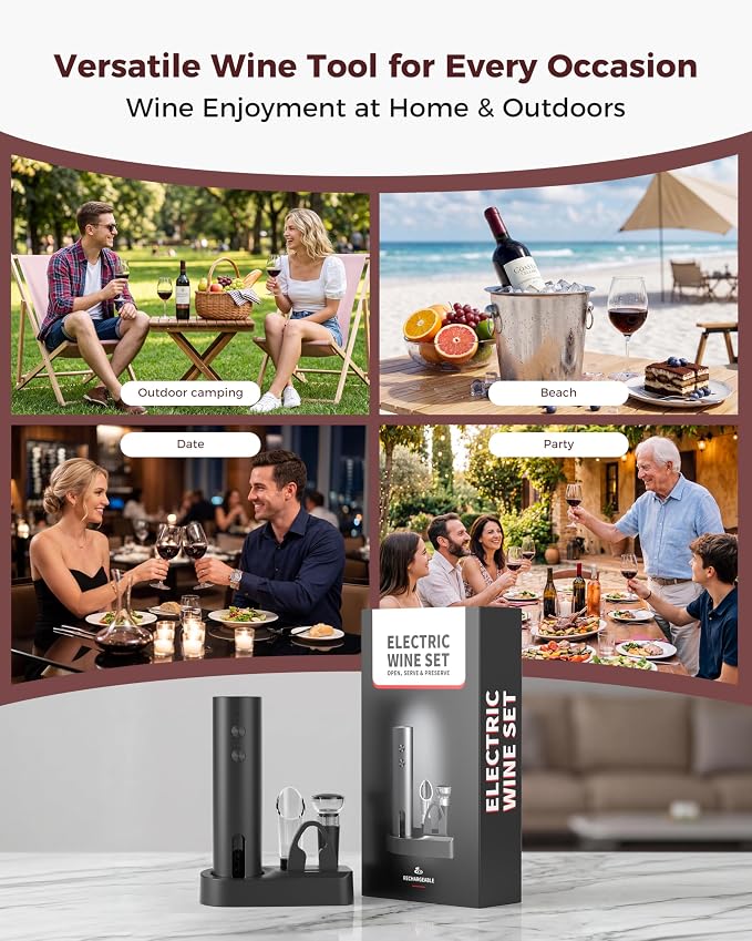 Rechargeable 5-in-1 Electric Wine Opener Set, Cordless Automatic Wine Bottle Opener with Foil Cutter, Aerator Pourer, Vacuum Stopper & Storage Base, Ideal for Home Bar, Party, Wedding Gifts