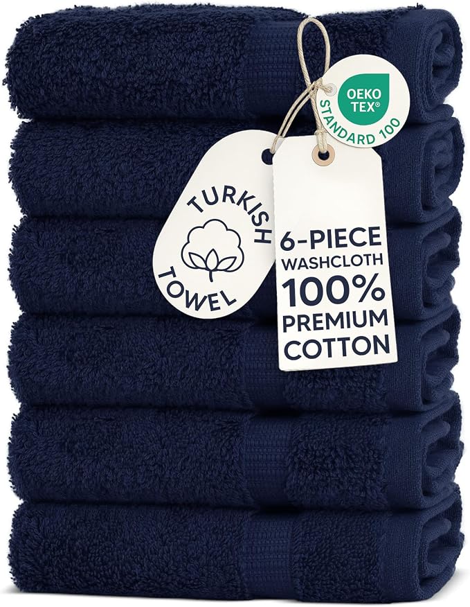 Chakir Turkish Linens 6 Piece Washcloth Set, 100% Cotton Turkish Washcloths for Bathroom, Luxury Soft Absorbent Face Towels, 13 x 13 Inches, Navy