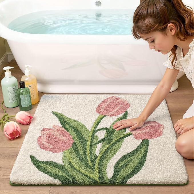 LUMI Bathroom Rugs Cute Tulip, Soft Absorbent Square Bath Mat Non-Slip, Machine Washable Quick Dry Beige Luxury Rug Flower for Kids Room, Bathtub, Home Decor, 32"x32"