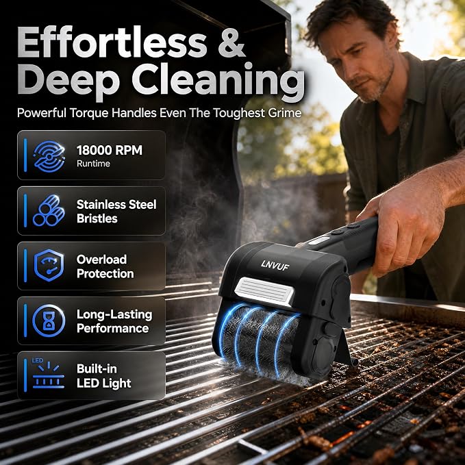 Electric Grill Brush, Grill Cleaner with LED Light, with 800 RPM Motor, Heavy Duty Grill Cleaning Tool (Grey Black), Personalized Father s Day Gift s for Dad